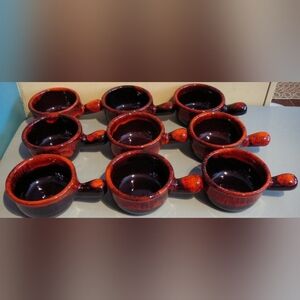 9 Vintage Evangeline Red Drip on Black Pottery Onion Soup Bowls, Chowder,Beans